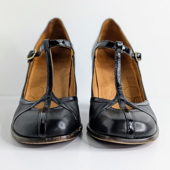 Chie Mihara T-Strap Heels 40 Black Green Snakeskin Accent Retro Glam Pinup Shoes - Picture 5 of 15